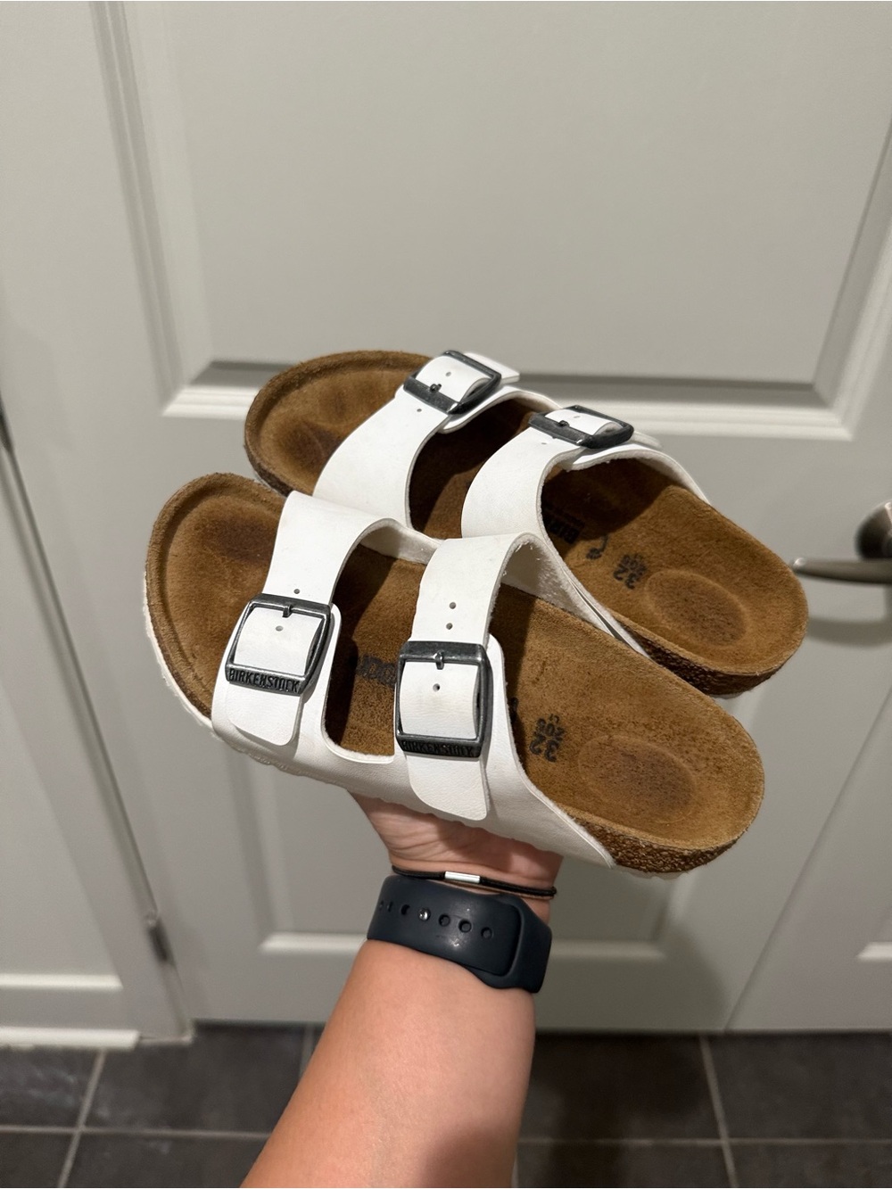 White Birkenstock Double-Buckle Kids Slide Sandals
